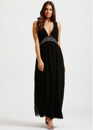 Black Chiffon Beads V Neckline Long Prom Dress